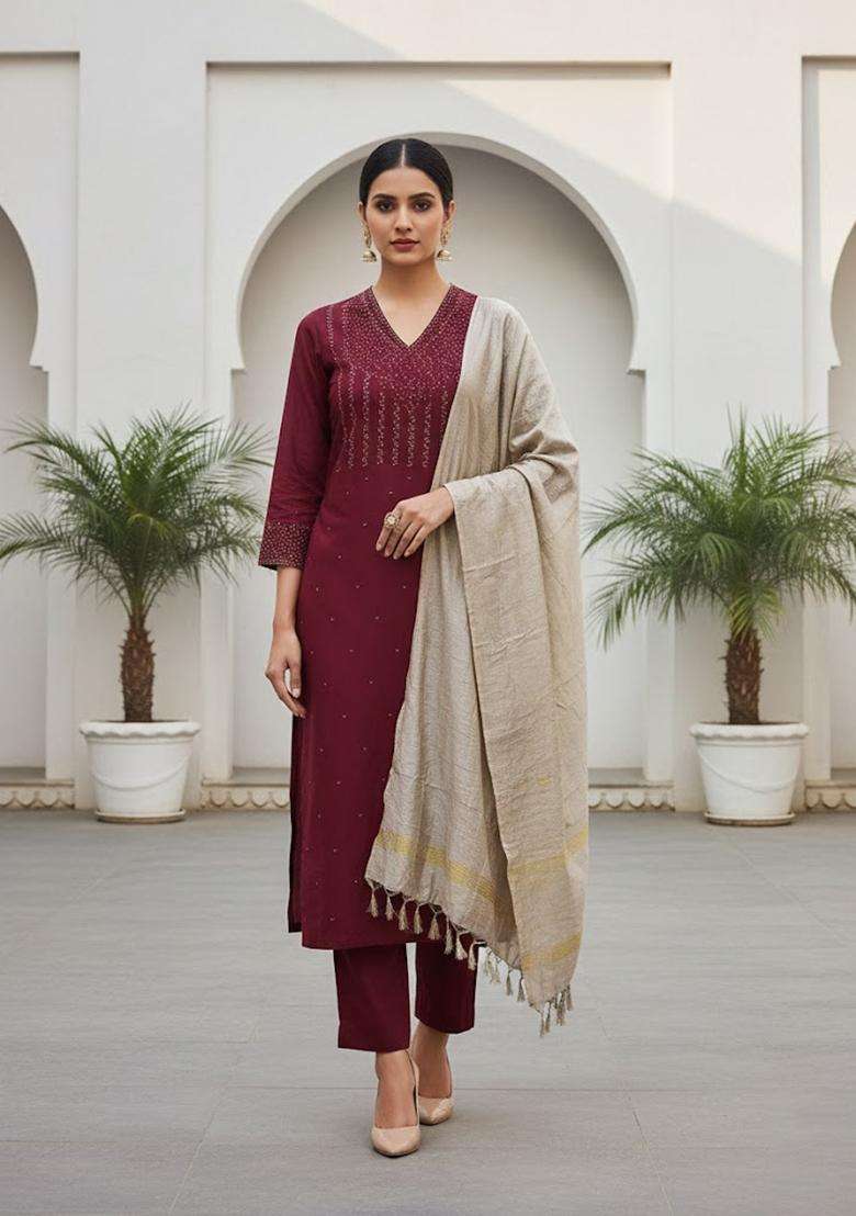 Maroon Embroidery Cotton Kurta Set - Indya