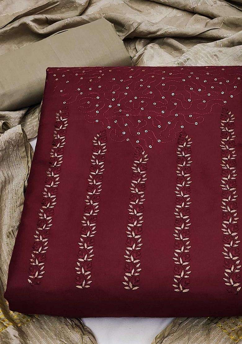 Maroon Embroidery Cotton Kurta Set - Indya