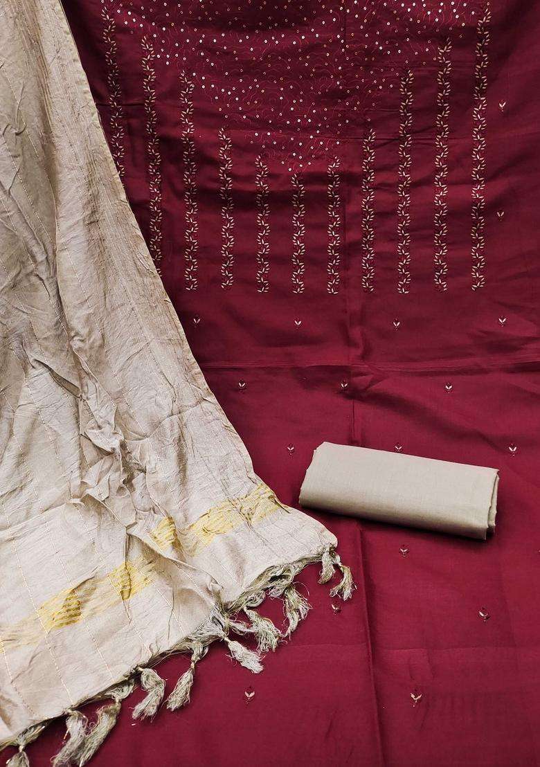 Maroon Embroidery Cotton Kurta Set - Indya