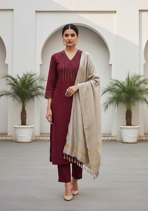 Maroon Embroidery Cotton Kurta Set