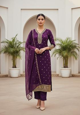 Purple Embroidery Georgette Kurta Set