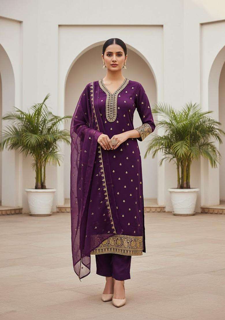 Purple Embroidery Georgette Kurta Set - Indya