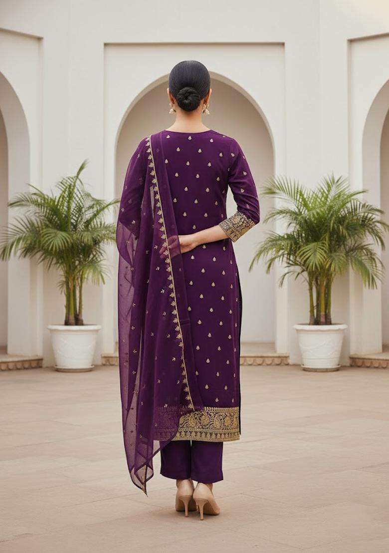Purple Embroidery Georgette Kurta Set - Indya