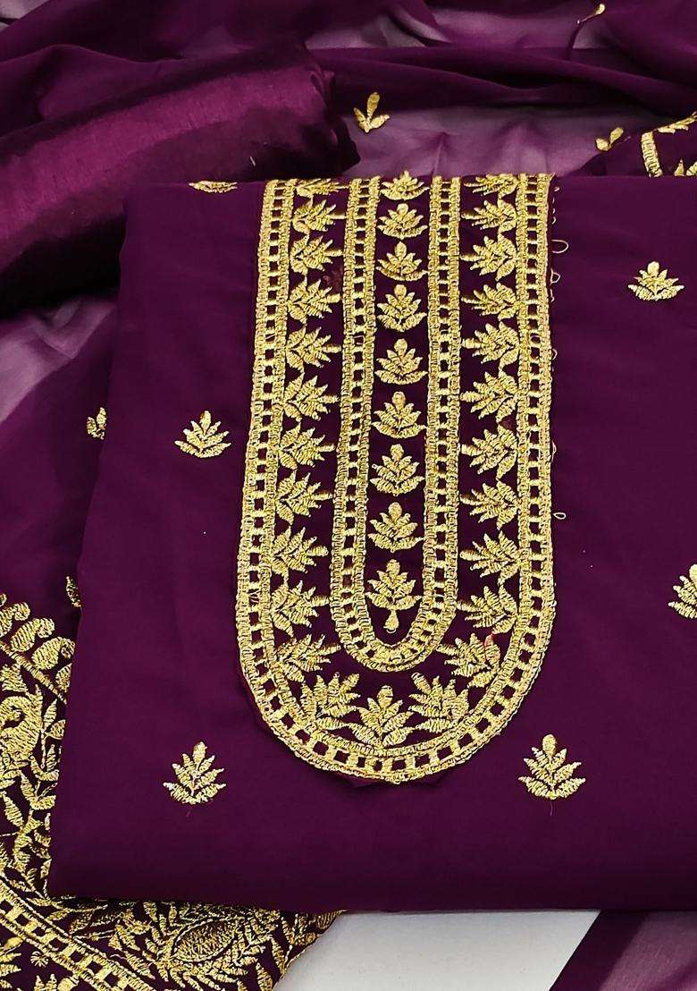 Purple Embroidery Georgette Kurta Set - Indya
