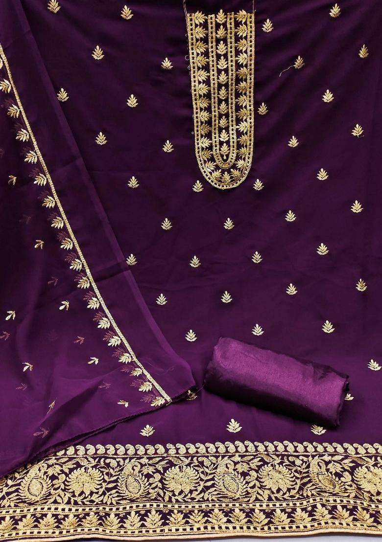 Purple Embroidery Georgette Kurta Set - Indya