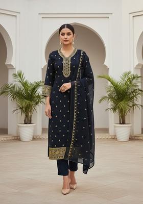 Navy Blue Embroidery Georgette Kurta Set
