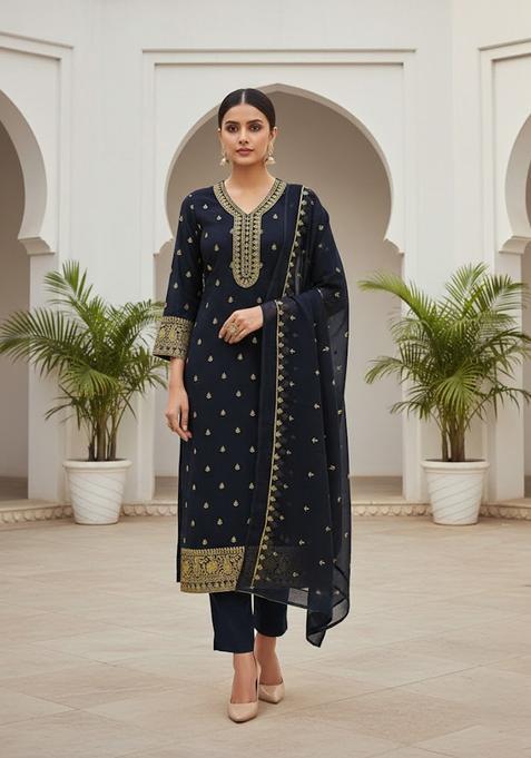 Navy Blue Embroidery Georgette Kurta Set