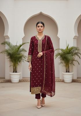 Maroon Embroidery Georgette Kurta Set