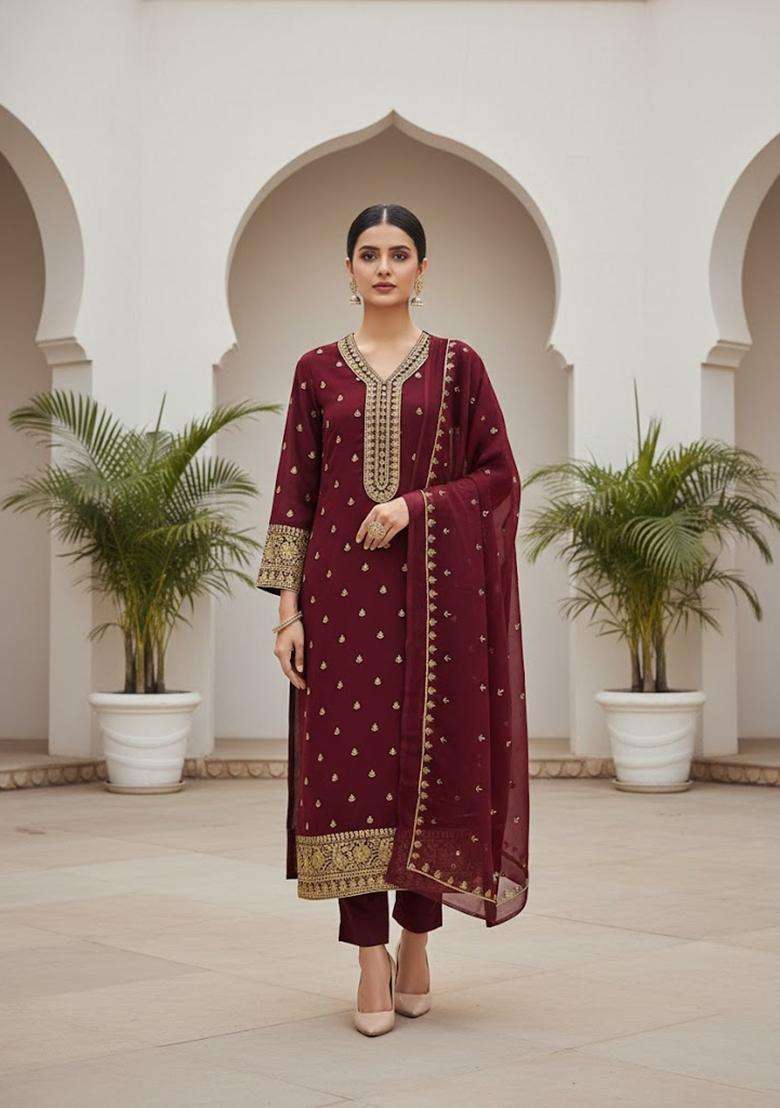 Maroon Embroidery Georgette Kurta Set - Indya