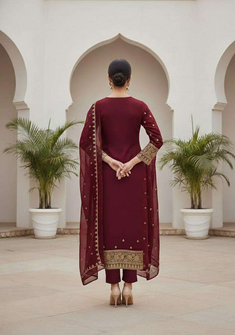 Maroon Embroidery Georgette Kurta Set - Indya