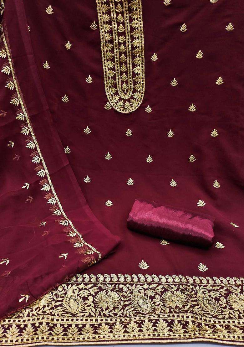 Maroon Embroidery Georgette Kurta Set - Indya
