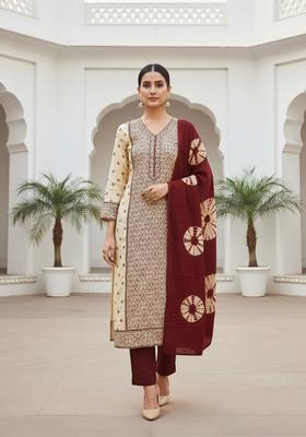 Cream Embroidery Silk Kurta Set