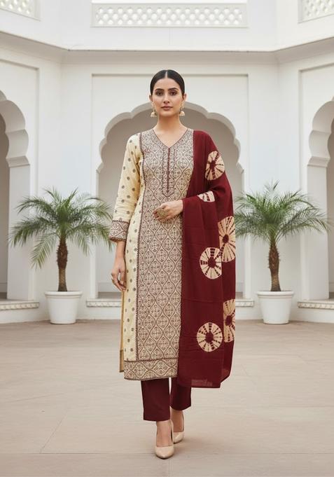 Cream Embroidery Silk Kurta Set