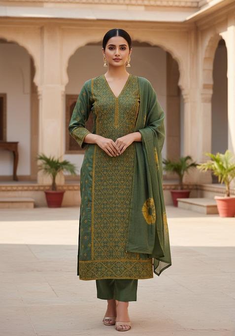 Green Embroidery Silk Kurta Set