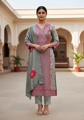Light Grey Embroidery Silk Kurta Set