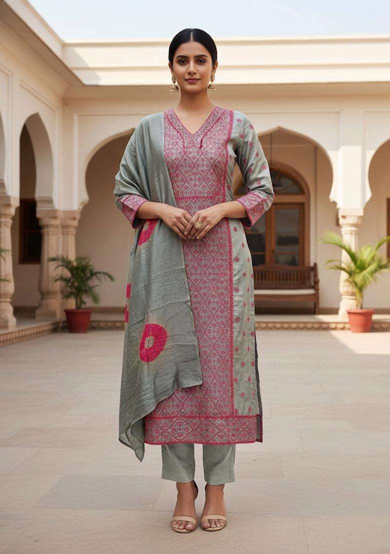 Light Grey Embroidery Silk Kurta Set - Indya