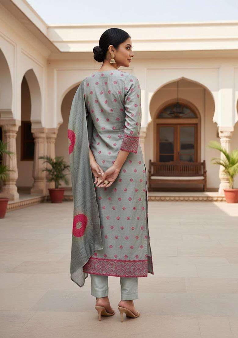 Light Grey Embroidery Silk Kurta Set - Indya