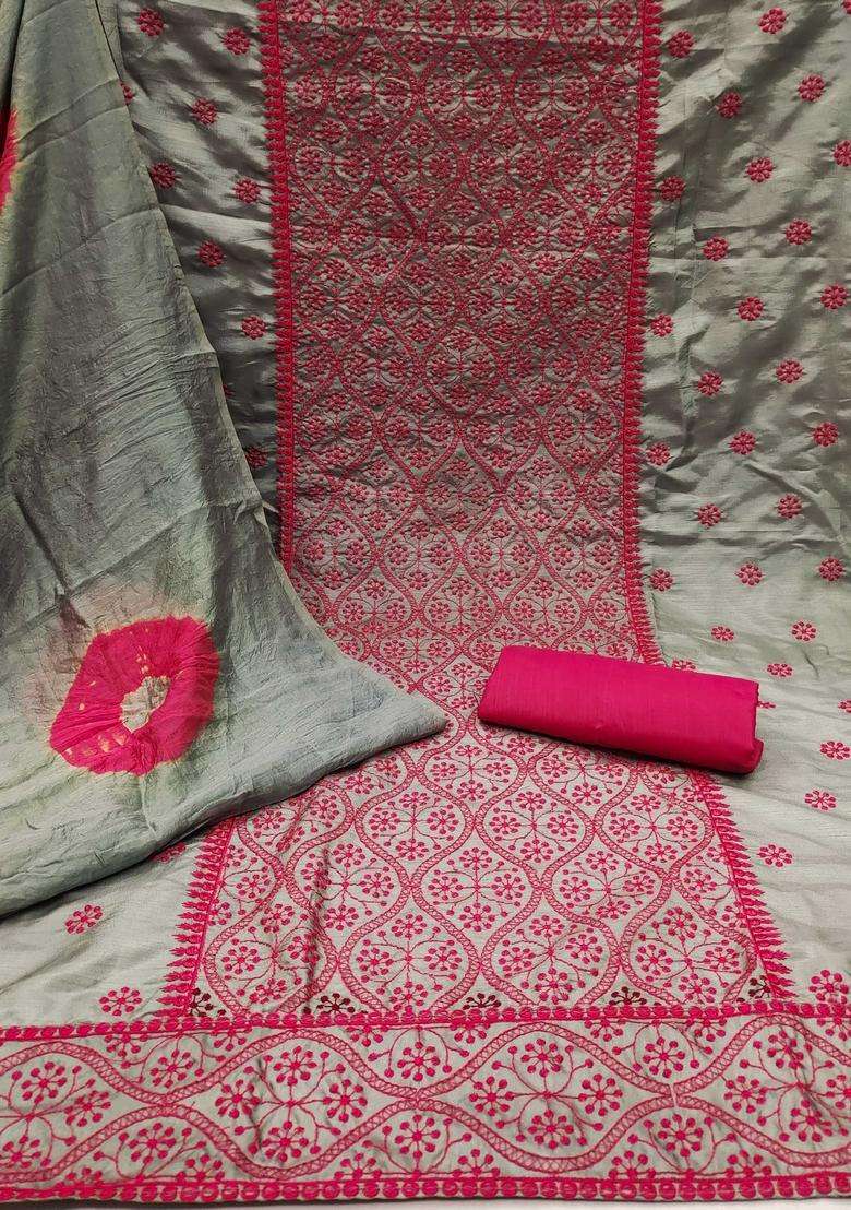 Light Grey Embroidery Silk Kurta Set - Indya