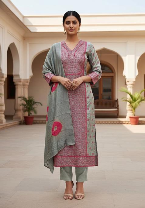 Light Grey Embroidery Silk Kurta Set