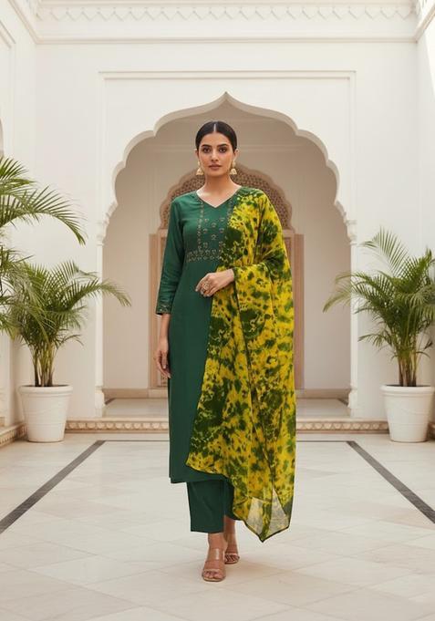 Green Embroidery Silk Kurta Set