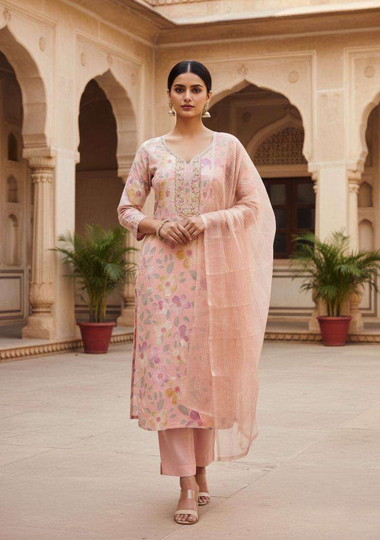 Peach Embroidery Organza Kurta Set - Indya