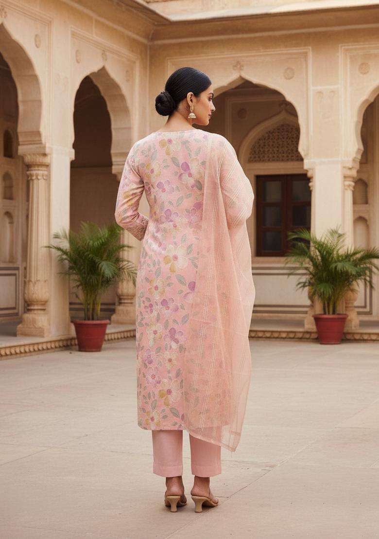 Peach Embroidery Organza Kurta Set - Indya