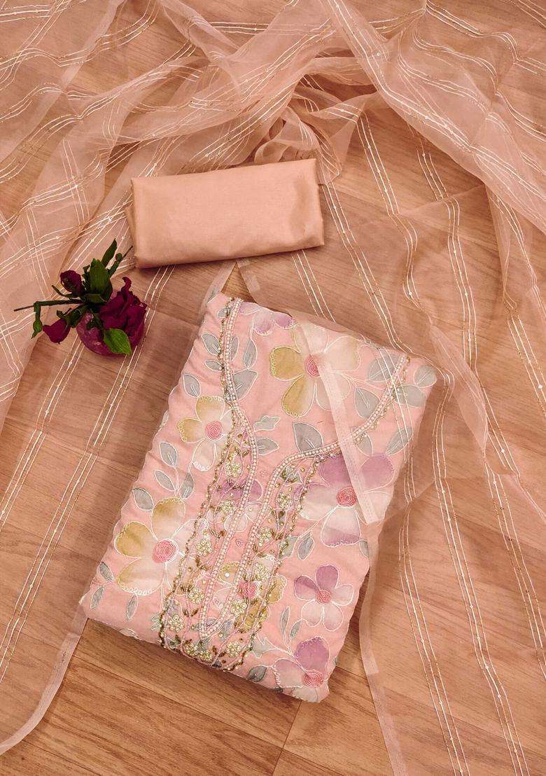 Peach Embroidery Organza Kurta Set - Indya