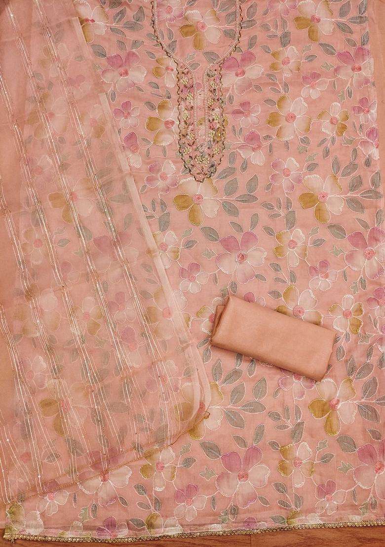 Peach Embroidery Organza Kurta Set - Indya