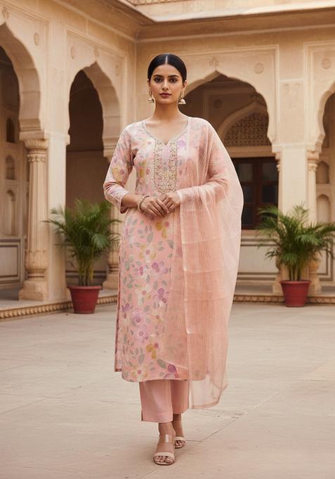 Peach Embroidery Organza Kurta Set