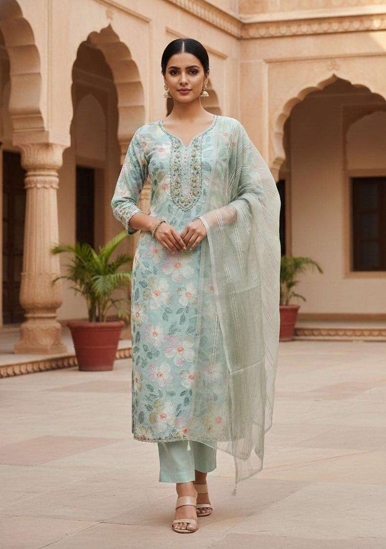 Blue Embroidery Organza Kurta Set - Indya