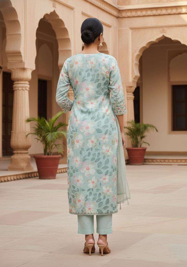 Blue Embroidery Organza Kurta Set - Indya