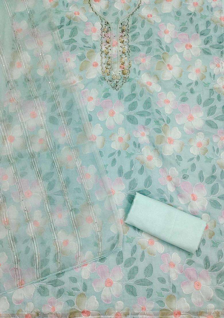 Blue Embroidery Organza Kurta Set - Indya
