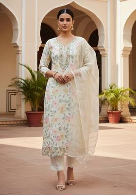 White Embroidery Organza Kurta Set