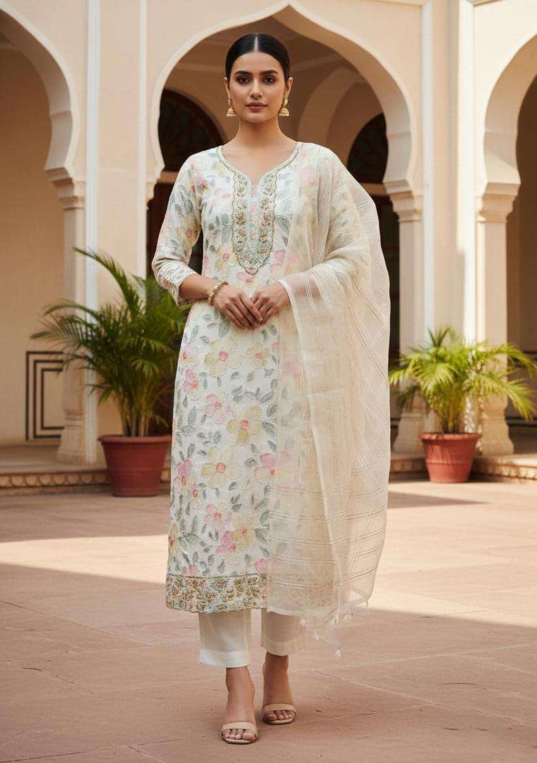 White Embroidery Organza Kurta Set - Indya