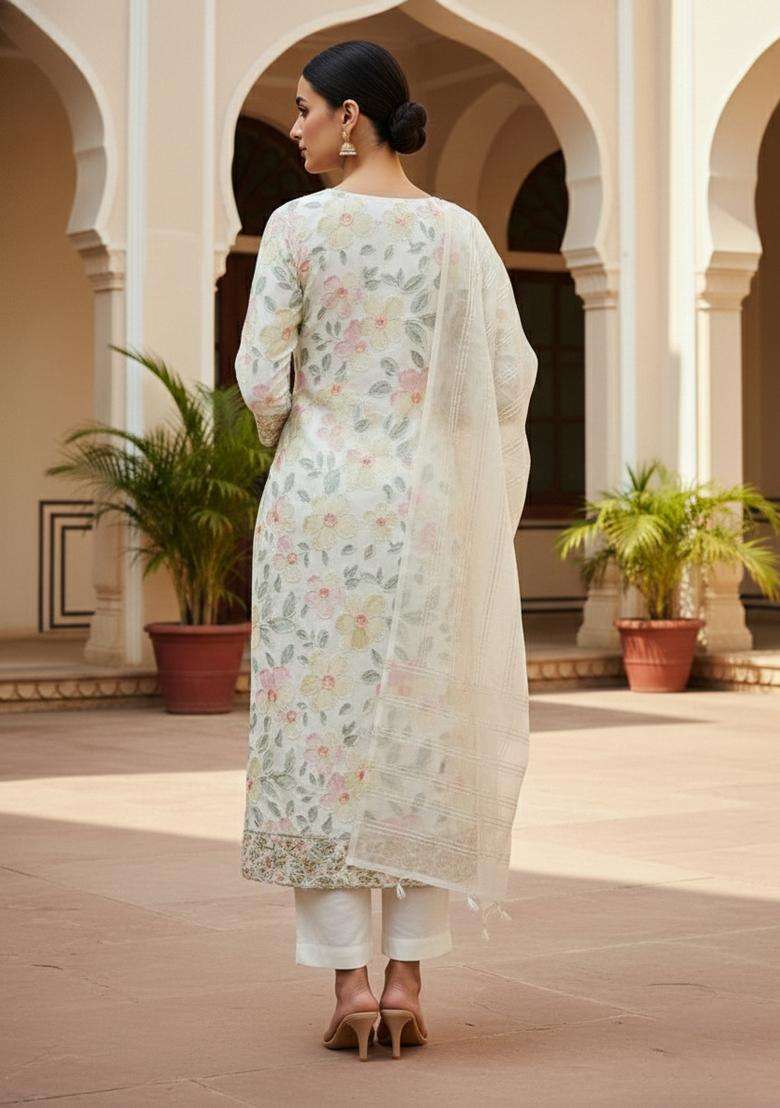 White Embroidery Organza Kurta Set - Indya