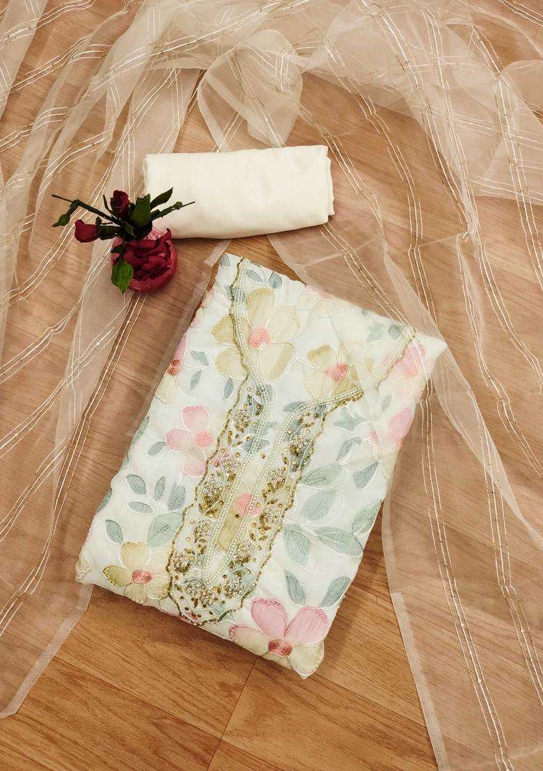 White Embroidery Organza Kurta Set - Indya