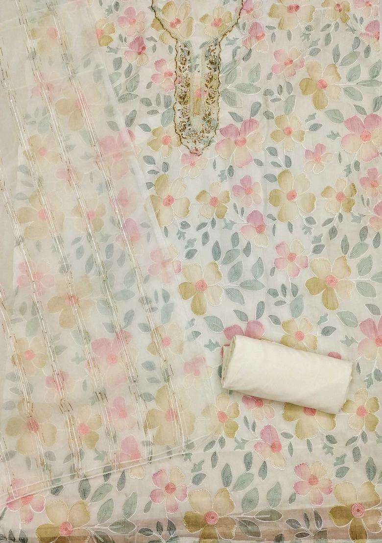White Embroidery Organza Kurta Set - Indya
