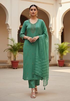 Green Embroidery Chanderi Kurta Set