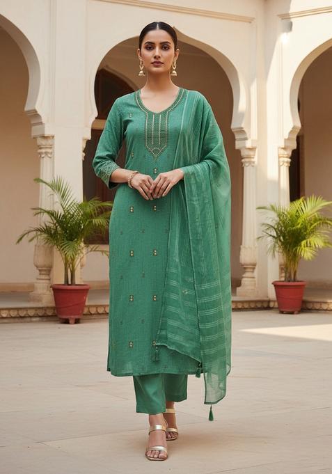 Green Embroidery Chanderi Kurta Set