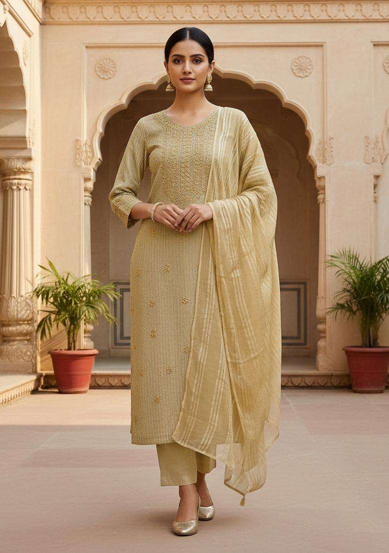 Beige Embroidery Chanderi Kurta Set - Indya