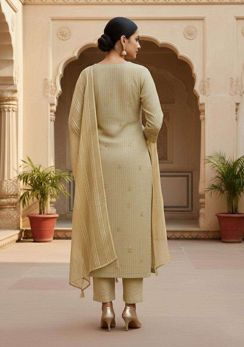 Beige Embroidery Chanderi Kurta Set - Indya