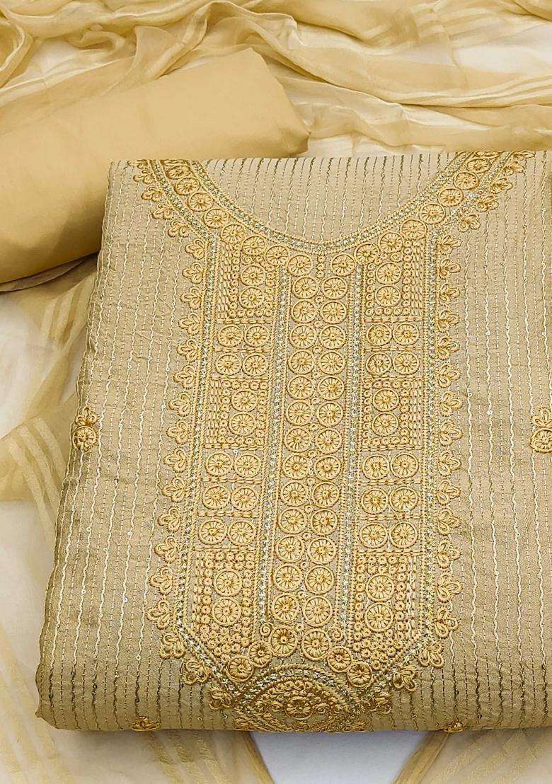 Beige Embroidery Chanderi Kurta Set - Indya