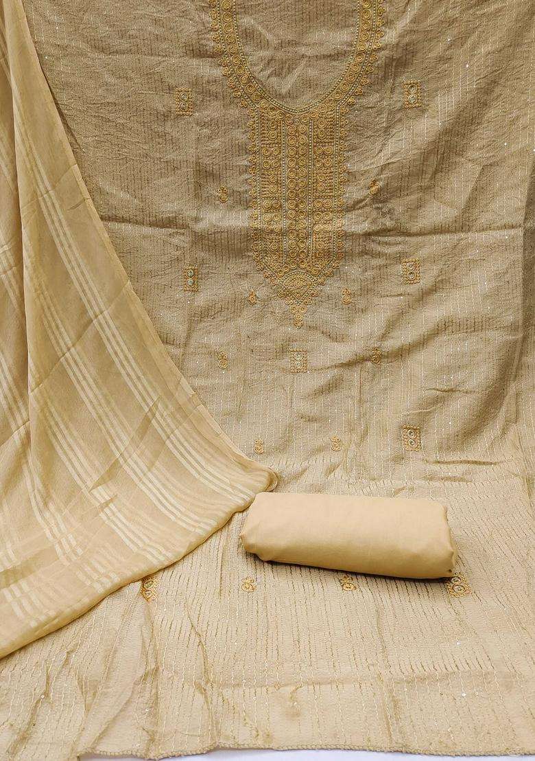 Beige Embroidery Chanderi Kurta Set - Indya