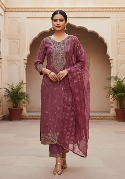 Pink Embroidery Chanderi Kurta Set