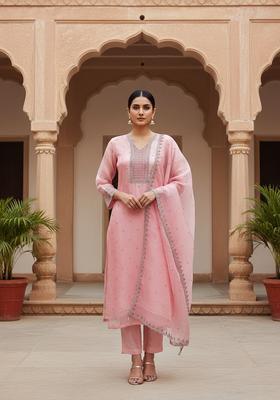 Pink Embroidery Organza Kurta Set