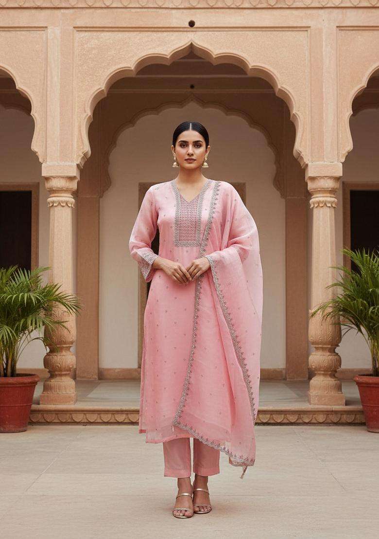 Pink Embroidery Organza Kurta Set - Indya