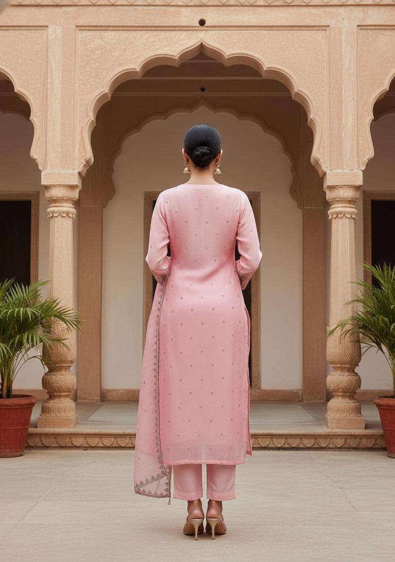 Pink Embroidery Organza Kurta Set - Indya