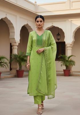 Green Embroidery Organza Kurta Set
