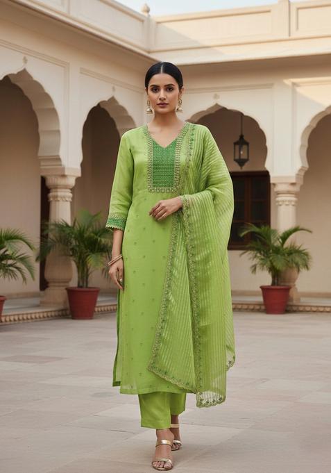 Green Embroidery Organza Kurta Set