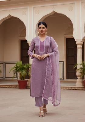 Purple Embroidery Organza Kurta Set